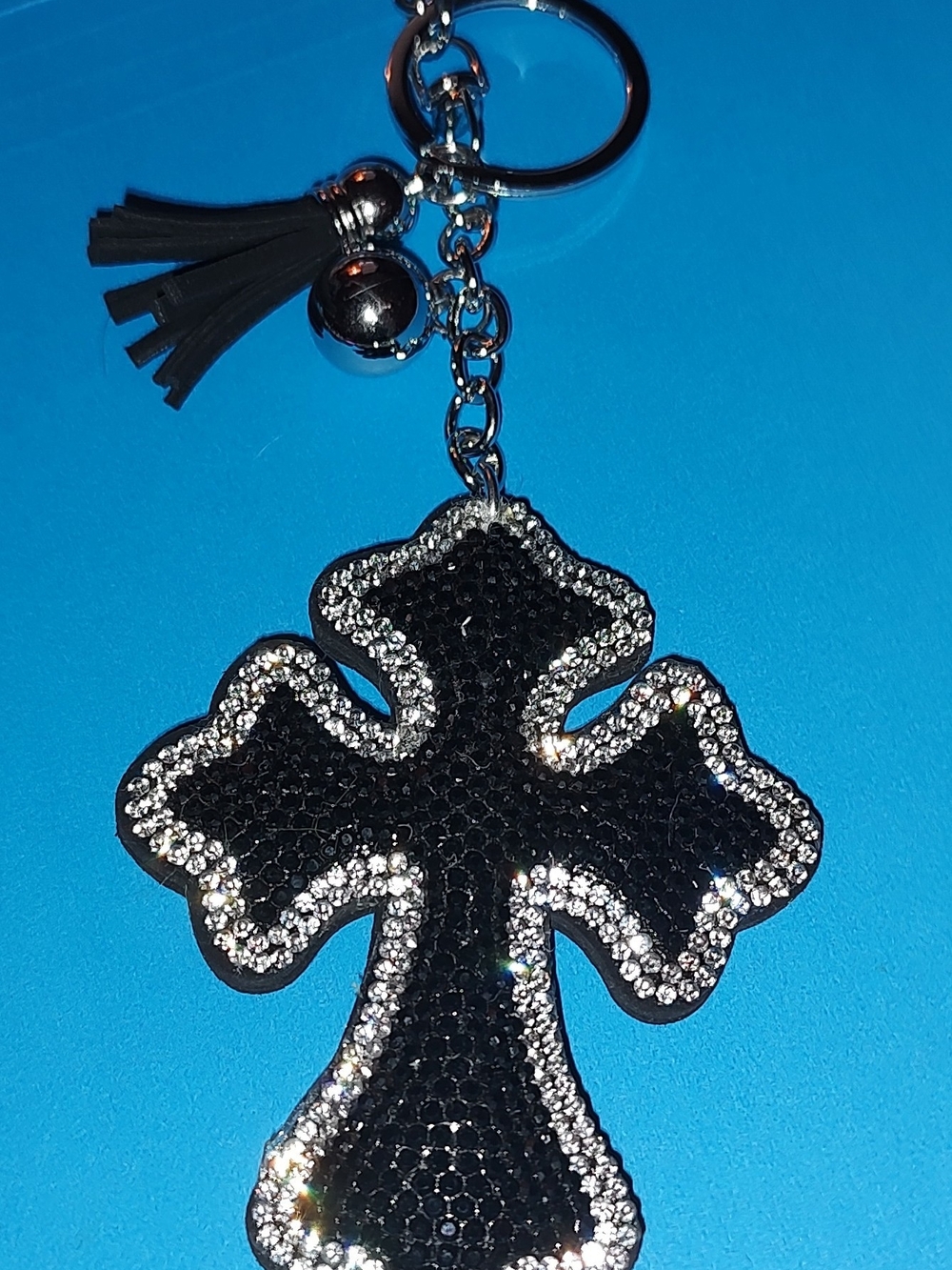 New! Rhinestone Cross Keychain/Purse/Bag Charm With Clasp And Tassel